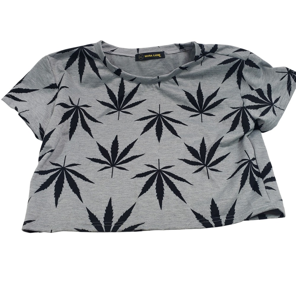 Mira Luxe‎ Womens Pot Leaf Print Crop Top Size L Gray Black